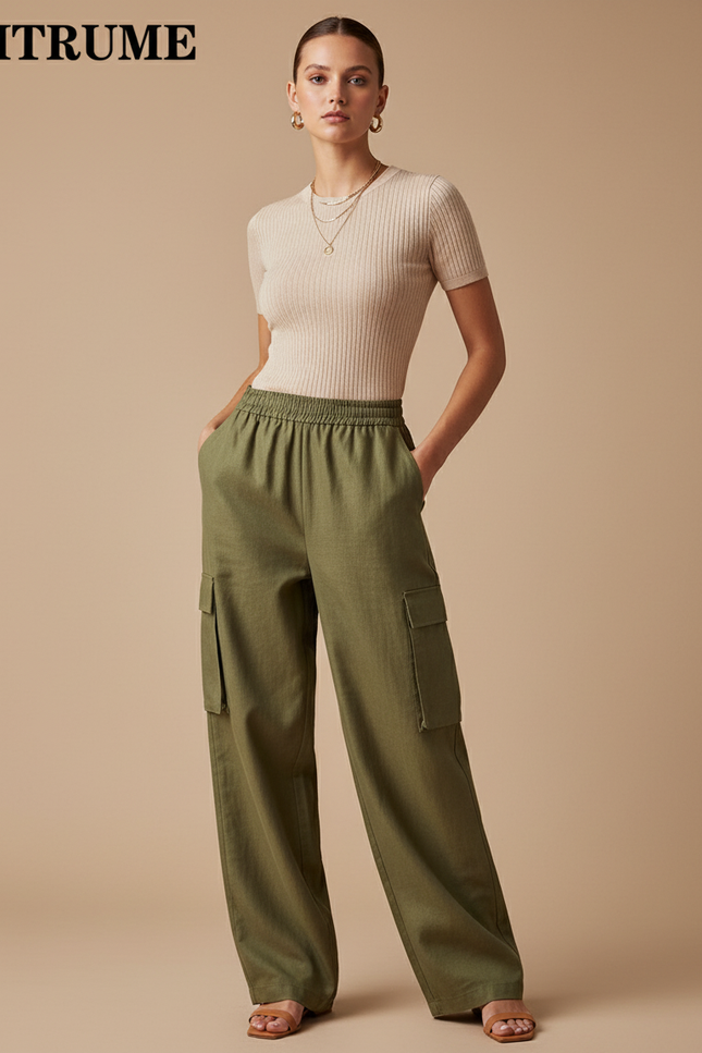 Pantalon Baggy Vert Kaki Ample Cargo Taille Haute - Lin