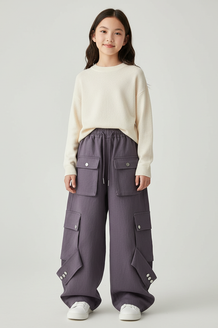 Pantalon Baggy Violet Cargo Ample Décontracté Fille - Molleton