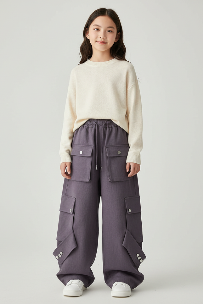 Pantalon Baggy Violet Cargo Ample Décontracté Fille - Molleton