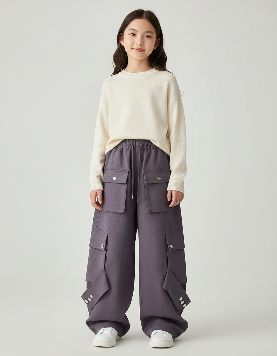 Pantalon Baggy Violet Cargo Ample Décontracté Fille - Molleton