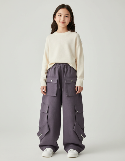 Pantalon Baggy Violet Cargo Ample Décontracté Fille - Molleton