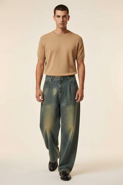 Pantalon Baggy Denim Bleu Délavé Large Casual Homme - Jean
