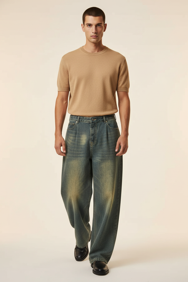 Pantalon Baggy Denim Bleu Délavé Large Casual Homme - Jean