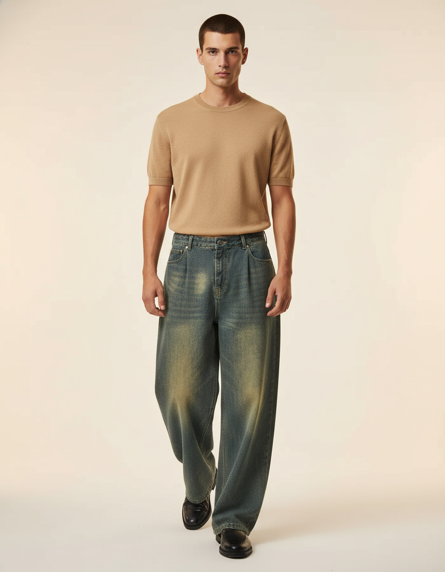 Pantalon Baggy Denim Bleu Délavé Large Casual Homme - Jean