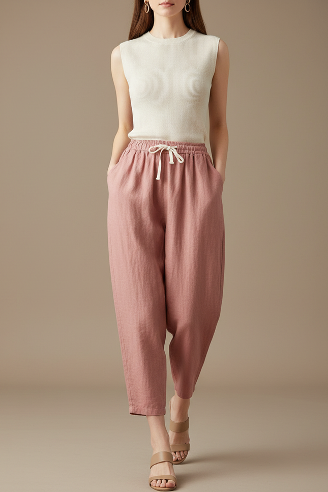 Pantalon Baggy Rose Lin Ample Taille Haute Cordon