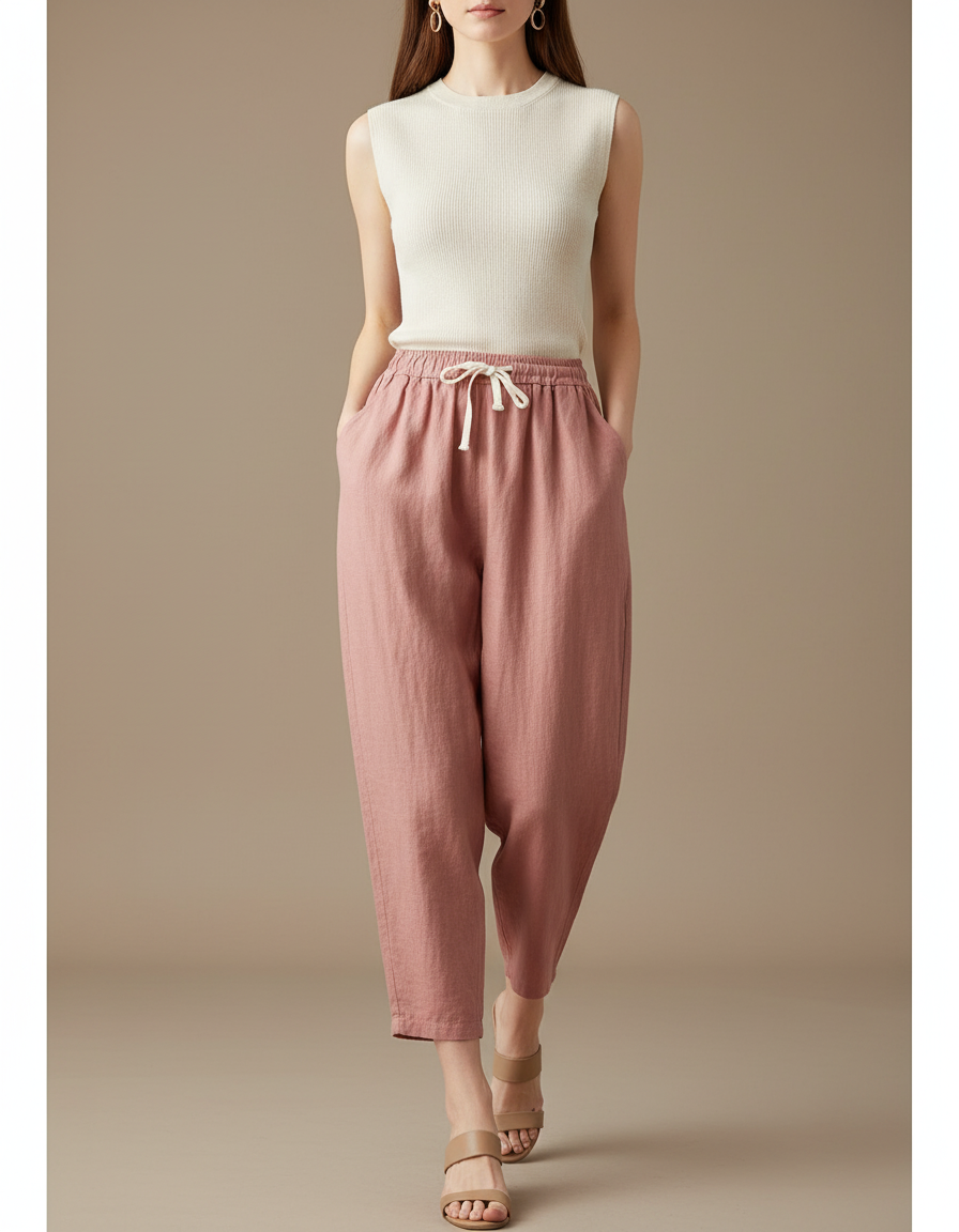 Pantalon Baggy Rose Lin Ample Taille Haute Cordon