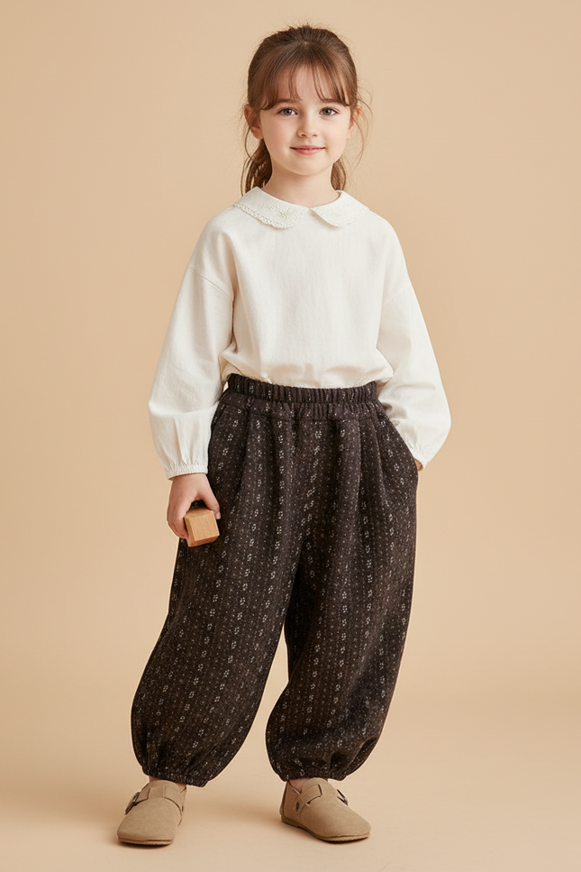 Pantalon Baggy Marron Ample Imprimé Floral Hivernal Enfant - Molleton