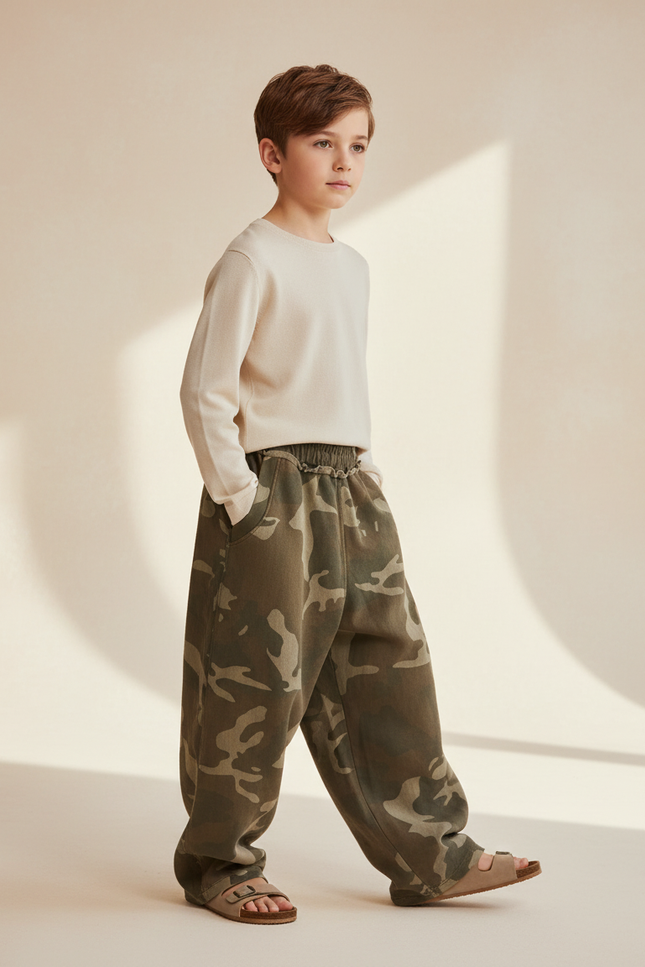 Pantalon Baggy Camouflage Vert Ample Décontracté Coton - Molleton