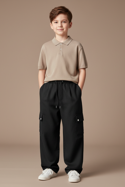 Pantalon Baggy Noir Cargo Cordon Ample Enfant - Coton