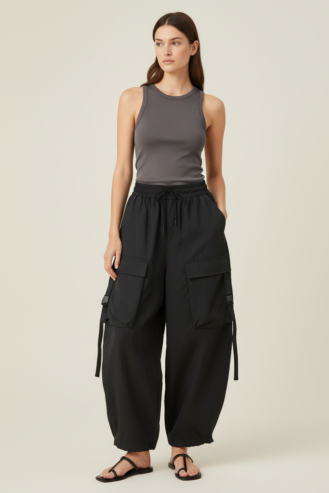 Pantalon Baggy Noir Cargo Ample Multifonction - Polyester