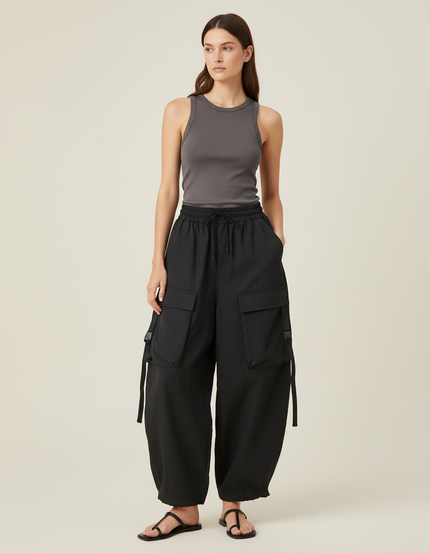Pantalon Baggy Noir Cargo Ample Multifonction - Polyester