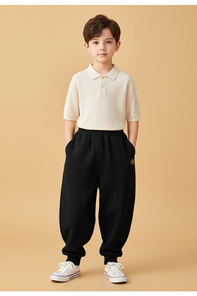 Pantalon Baggy Noir Ample Molletonné Élastiqué Garçon