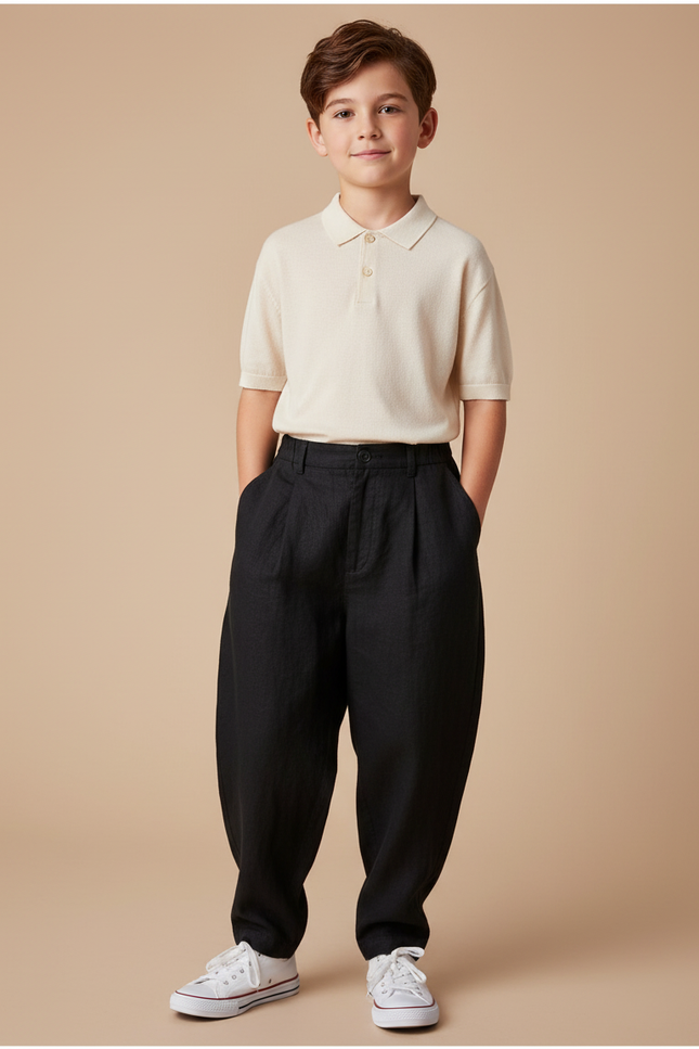 Pantalon Baggy Noir Lin Plissé Décontracté Enfant