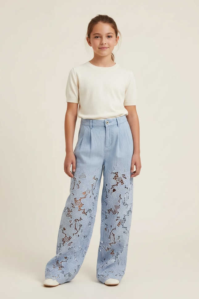Pantalon Baggy Bleu Jean Ample Dentelle Floral Enfant