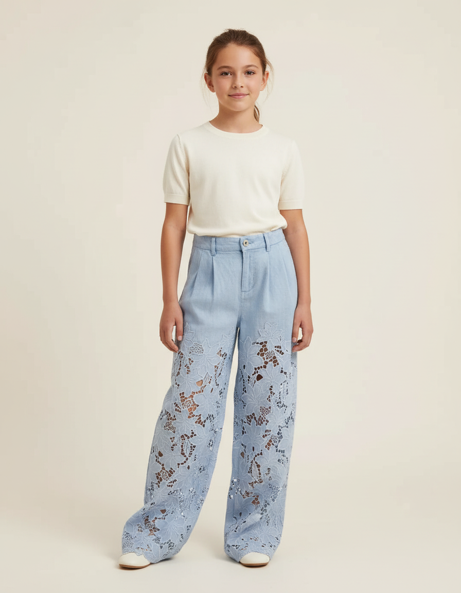 Pantalon Baggy Bleu Jean Ample Dentelle Floral Enfant