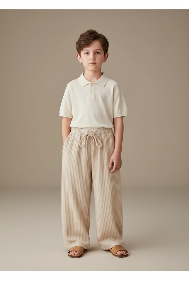 Pantalon Baggy Écru Côtelé Ample Décontracté Enfant - Beige Cordé