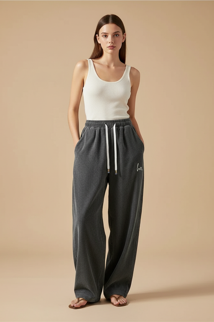 Pantalon Baggy Gris Côtelé Ample Décontracté Brodé - Cordé
