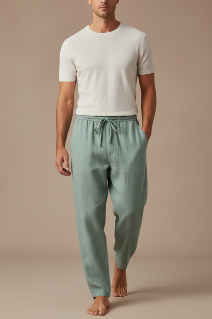 Pantalon Baggy Vert Menthe Lin Ample Décontracté Cordon