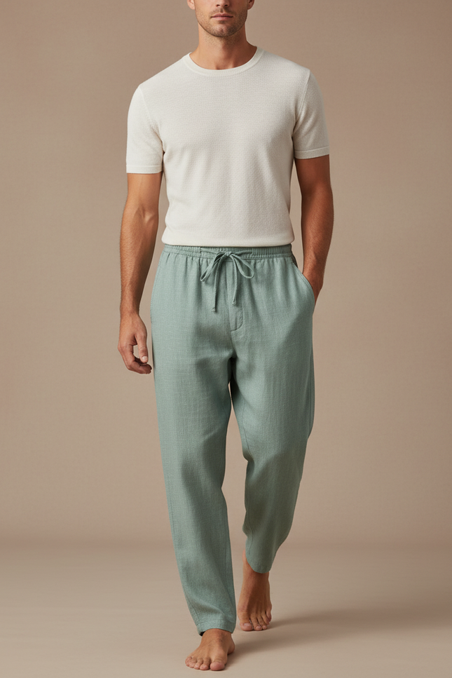 Pantalon Baggy Vert Menthe Lin Ample Décontracté Cordon