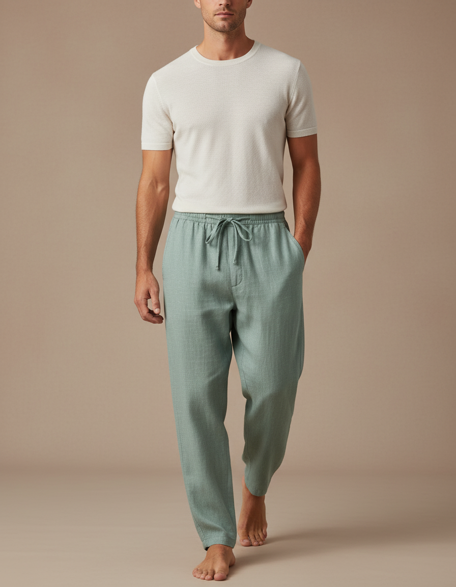 Pantalon Baggy Vert Menthe Lin Ample Décontracté Cordon