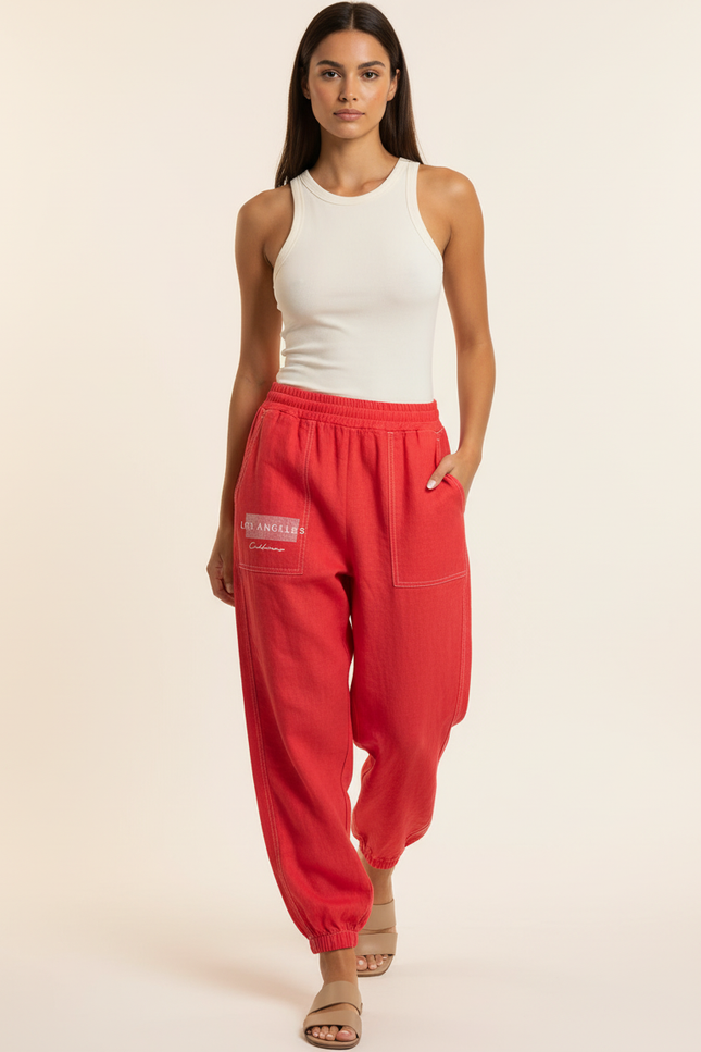 Pantalon Baggy Rouge Imprimé Ample Décontracté Femme - Molleton