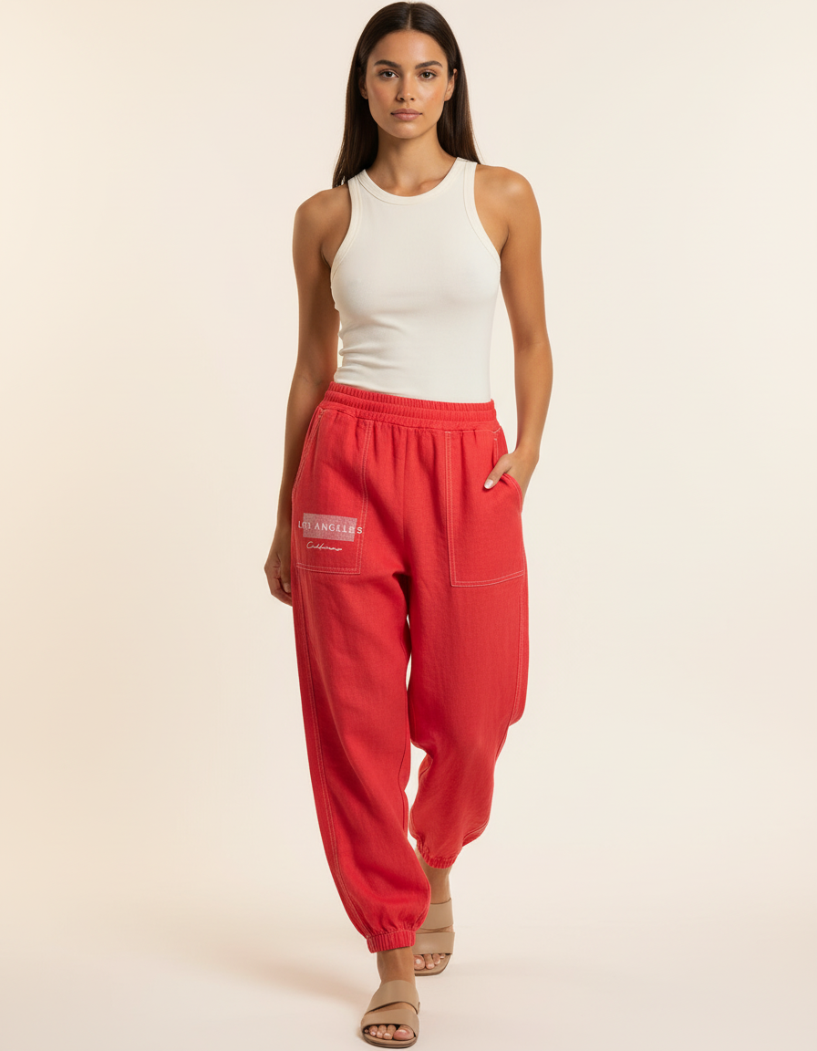 Pantalon Baggy Rouge Imprimé Ample Décontracté Femme - Molleton