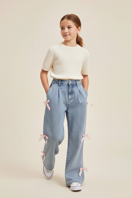 Pantalon Baggy Jean Bleu Clair Ample Nœuds Fille