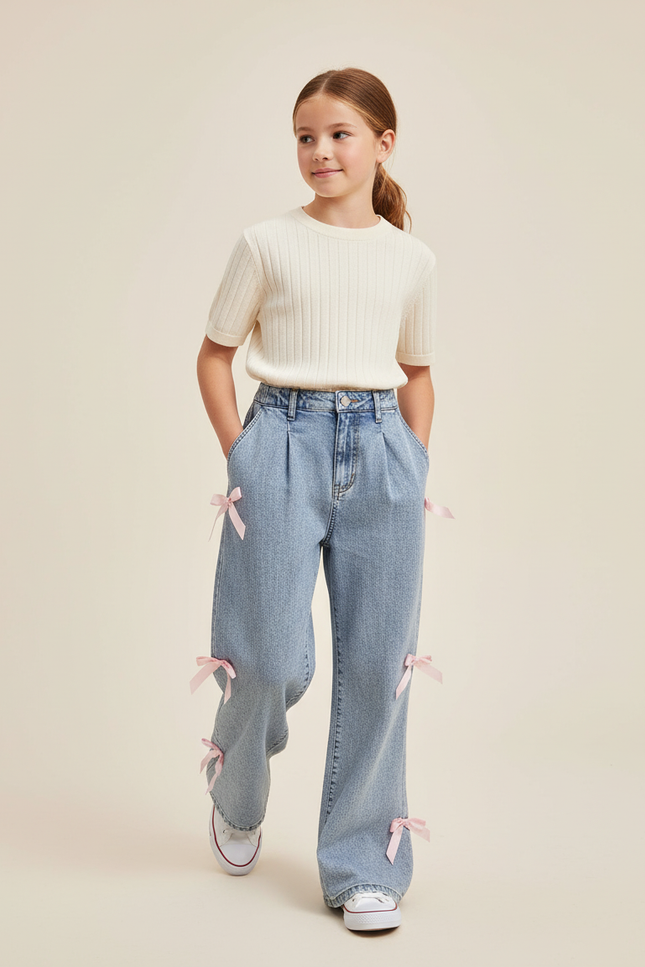 Pantalon Baggy Jean Bleu Clair Ample Nœuds Fille