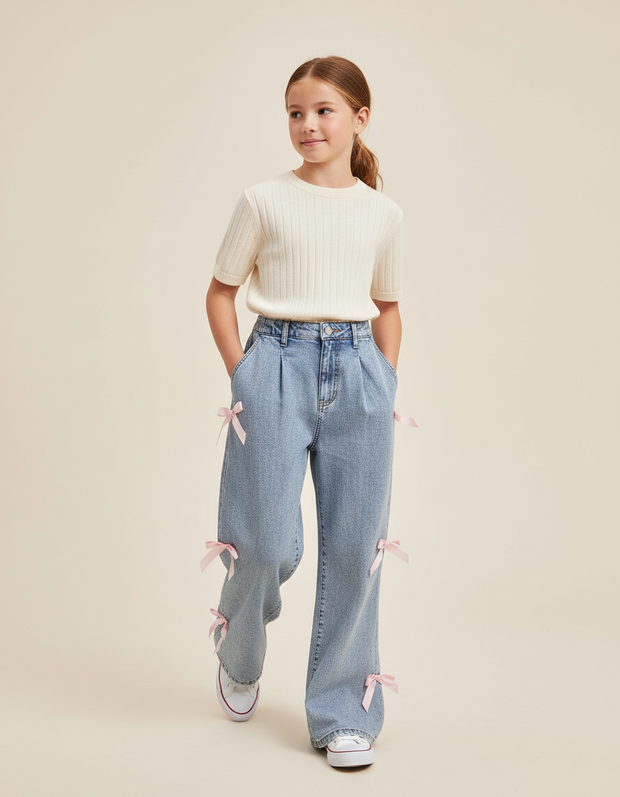 Pantalon Baggy Jean Bleu Clair Ample Nœuds Fille