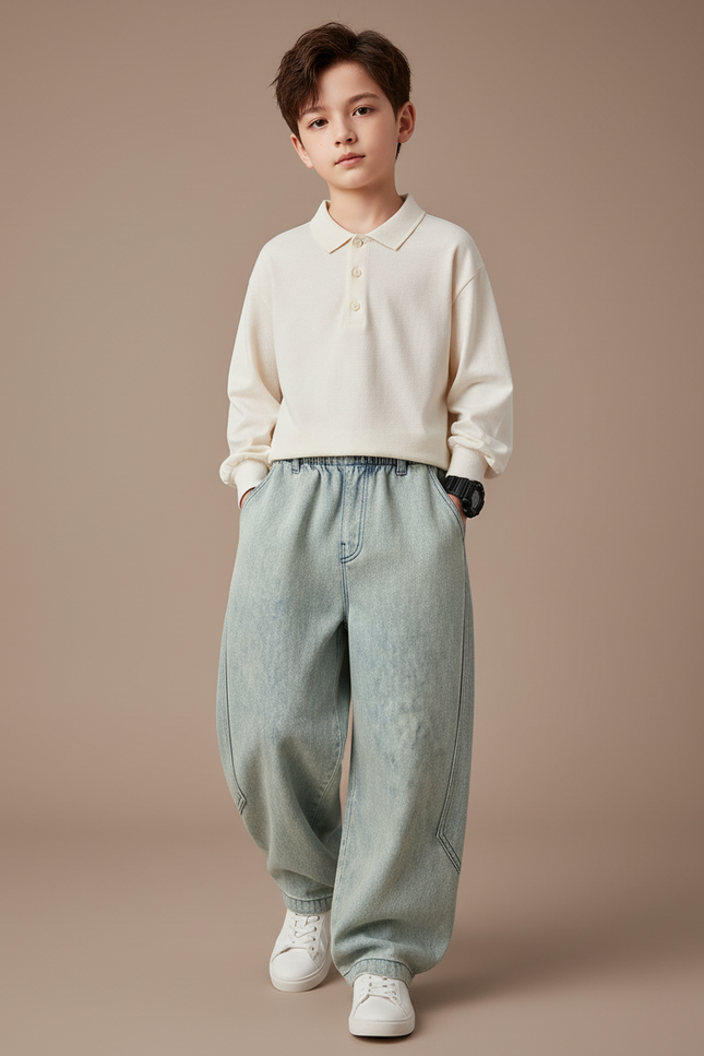 Pantalon Baggy Jean Ample Clair Décontracté Enfant - Bleu