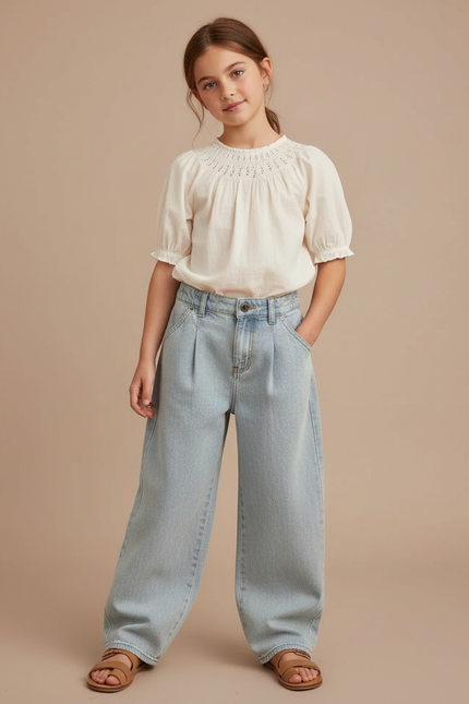 Pantalon Baggy Bleu Clair Ample Plissé Enfant - Jean