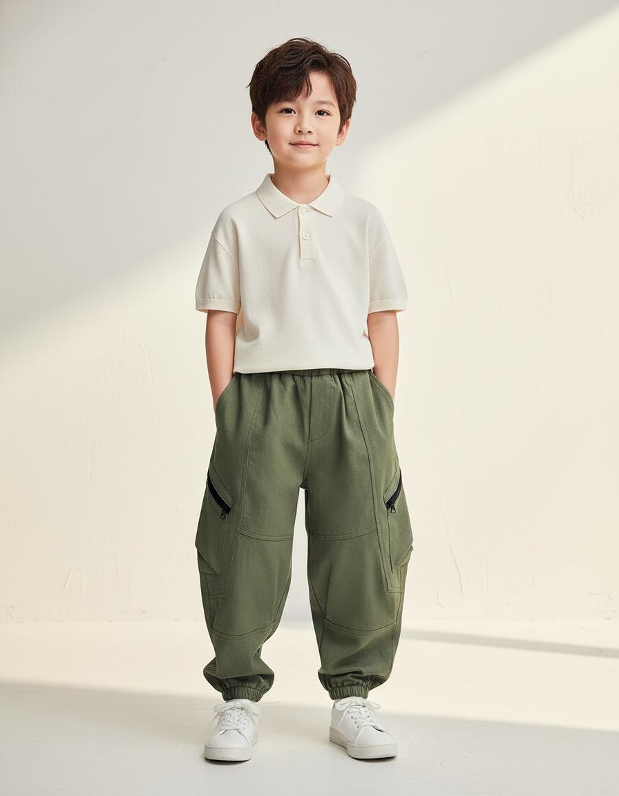 Pantalon Baggy Kaki Coton Cargo Ample Garçon