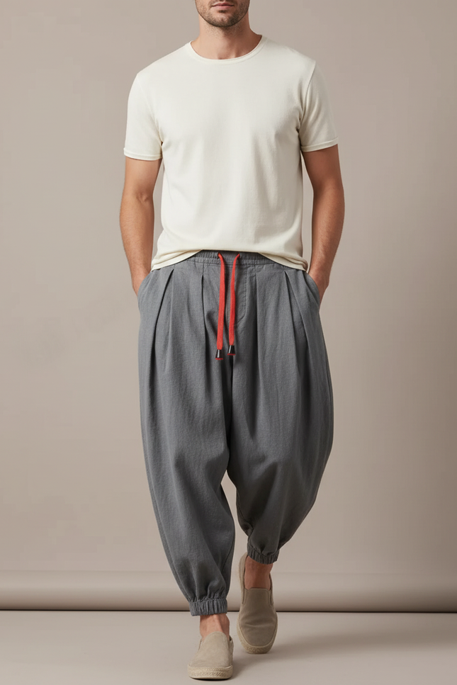 Pantalon Baggy Gris Coton Lin Ample Plissé Homme