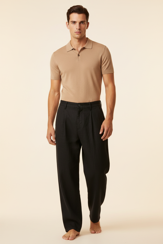 Pantalon Baggy Noir Lin Plissé Ample Homme