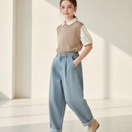 Pantalon Baggy Jean Bleu Clair Ample Plissé