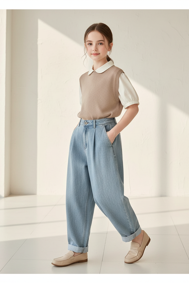 Pantalon Baggy Jean Bleu Clair Ample Plissé