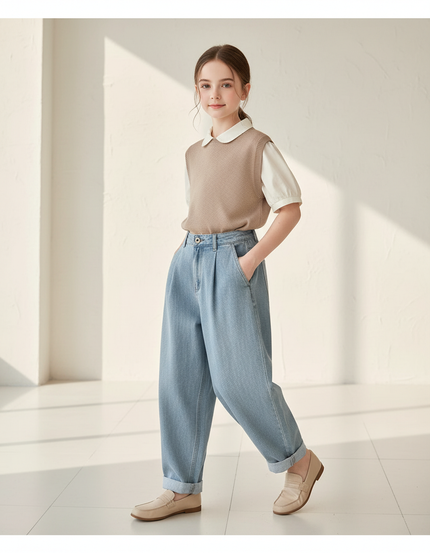 Pantalon Baggy Jean Bleu Clair Ample Plissé