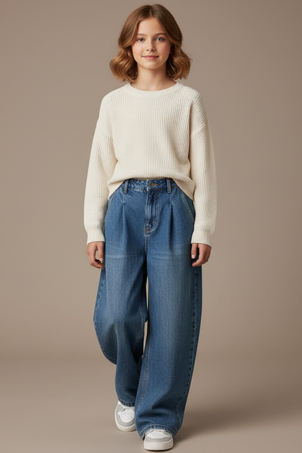 Pantalon Baggy Bleu Denim Ample Taille Haute Fille - Jean
