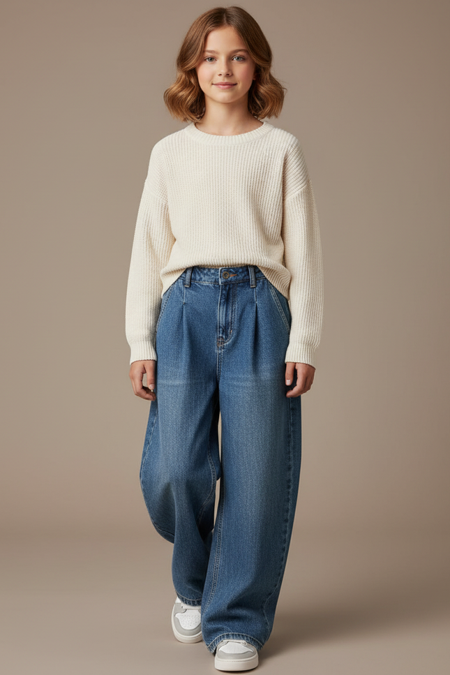 Pantalon Baggy Bleu Denim Ample Taille Haute Fille - Jean