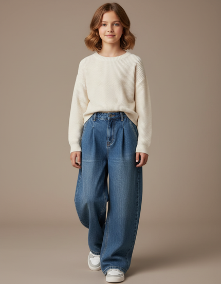 Pantalon Baggy Bleu Denim Ample Taille Haute Fille - Jean
