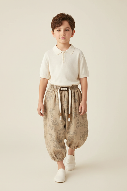 Pantalon Baggy Beige Lin Imprimé Floral Ample Enfant