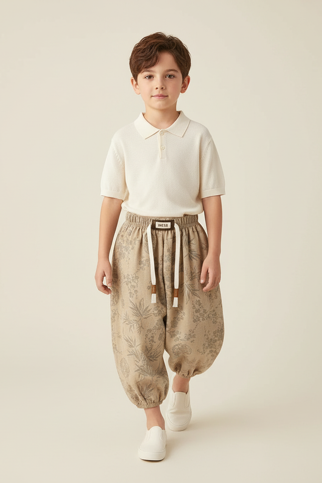 Pantalon Baggy Beige Lin Imprimé Floral Ample Enfant