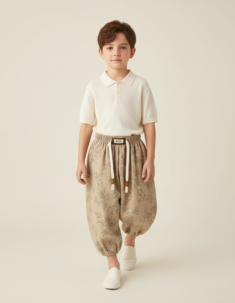 Pantalon Baggy Beige Lin Imprimé Floral Ample Enfant