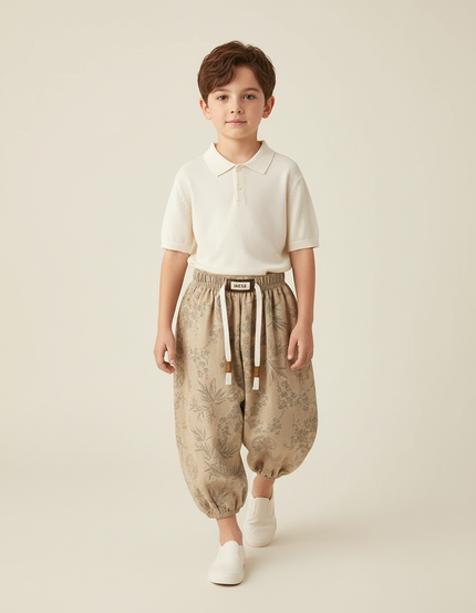 Pantalon Baggy Beige Lin Imprimé Floral Ample Enfant
