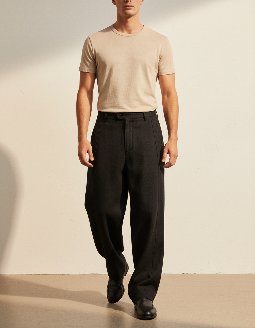 Pantalon Baggy Noir Ample Droit Homme Élégant - Laine