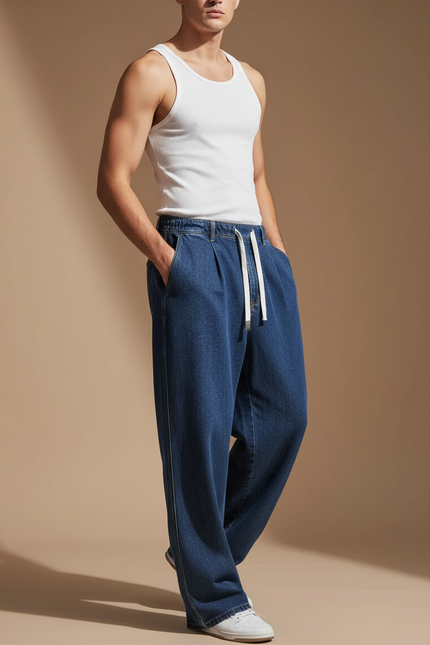 Pantalon Baggy Jean Bleu Ample Cordon Décontracté Homme