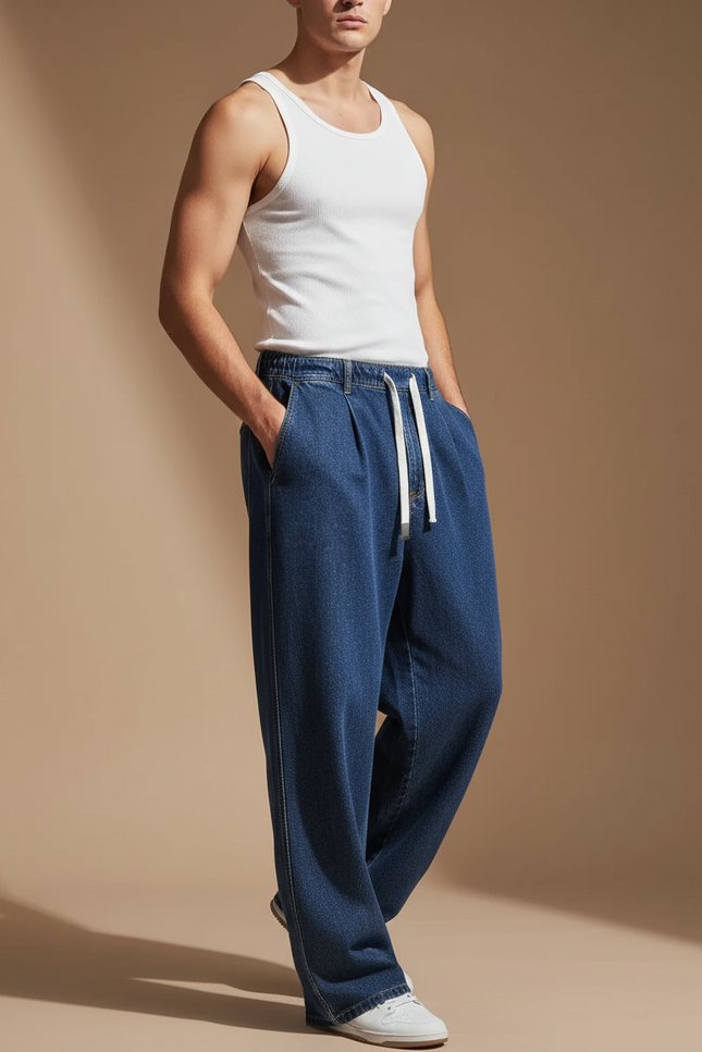 Pantalon Baggy Jean Bleu Ample Cordon Décontracté Homme