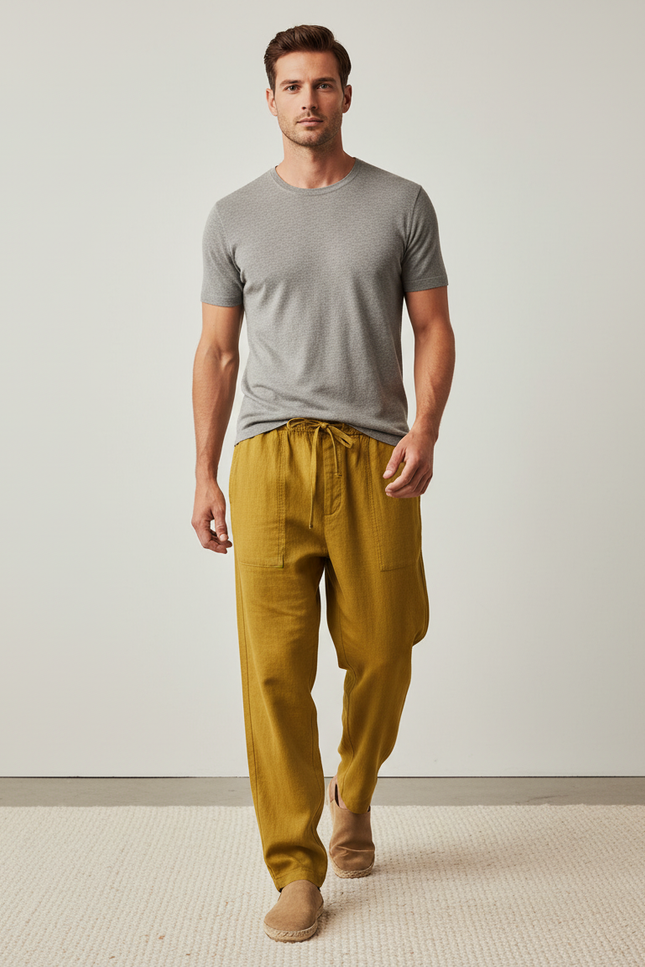 Pantalon Baggy Jaune Moutarde Lin Ample Décontracté Homme