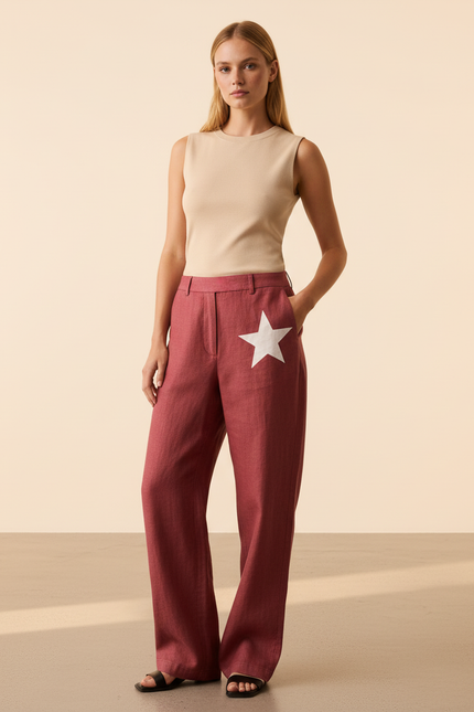 Pantalon Baggy Rouge Étoile Ample Décontracté Fluide - Lin