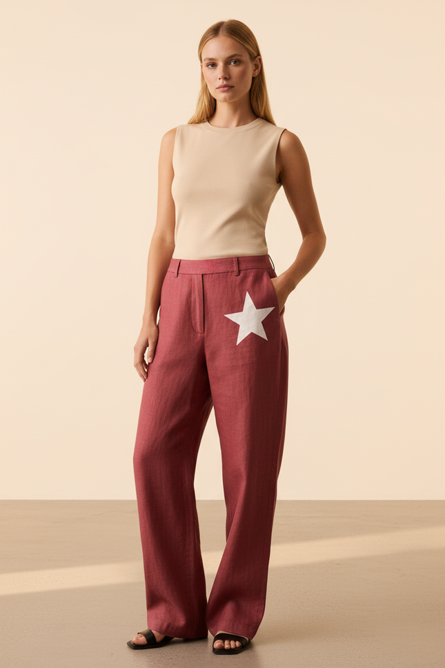 Pantalon Baggy Rouge Étoile Ample Décontracté Fluide - Lin